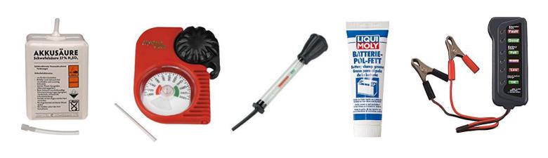 Produkte Batteriepflege: Batteriesure Prfer, destiliertes Wasser, Batterietester, Polfett
